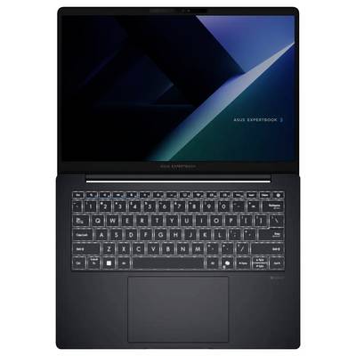 Ein Laptop mit einem dunklen Bildschirm, der ein geometrisches Design und den Text "ASUS ExpertBook" zeigt. Die Tastatur ist hintergrundbeleuchtet.