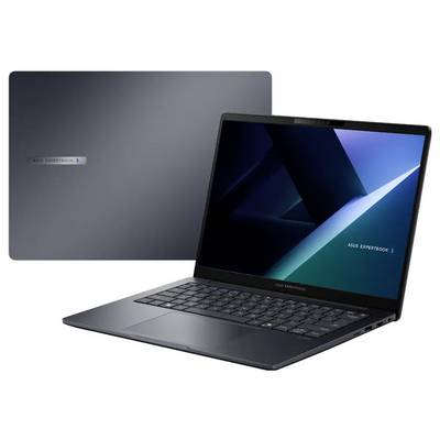 Geöffnetes ASUS ExpertBook Laptop mit elegantem Design, dunkler Oberfläche und einem modernen Bildschirm, auf dem ein geometrisches Muster zu sehen ist.