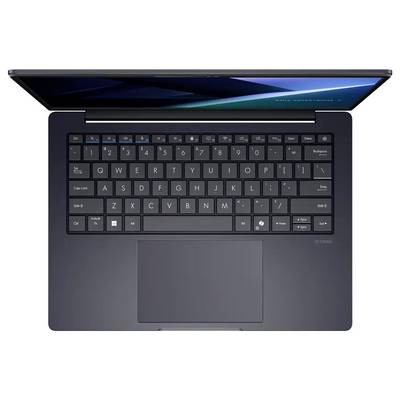 Ein Laptop mit einer schwarzen Tastatur und einem leicht geöffneten Bildschirm, der einen blauen Farbverlauf zeigt.