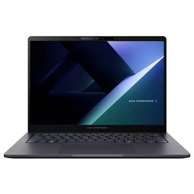 Ein schlanker, offener Laptop, der das 'ASUS ExpertBook' Logo auf dem Bildschirm zeigt, mit einem minimalistischen dunklen Design und geometrischen Formen.