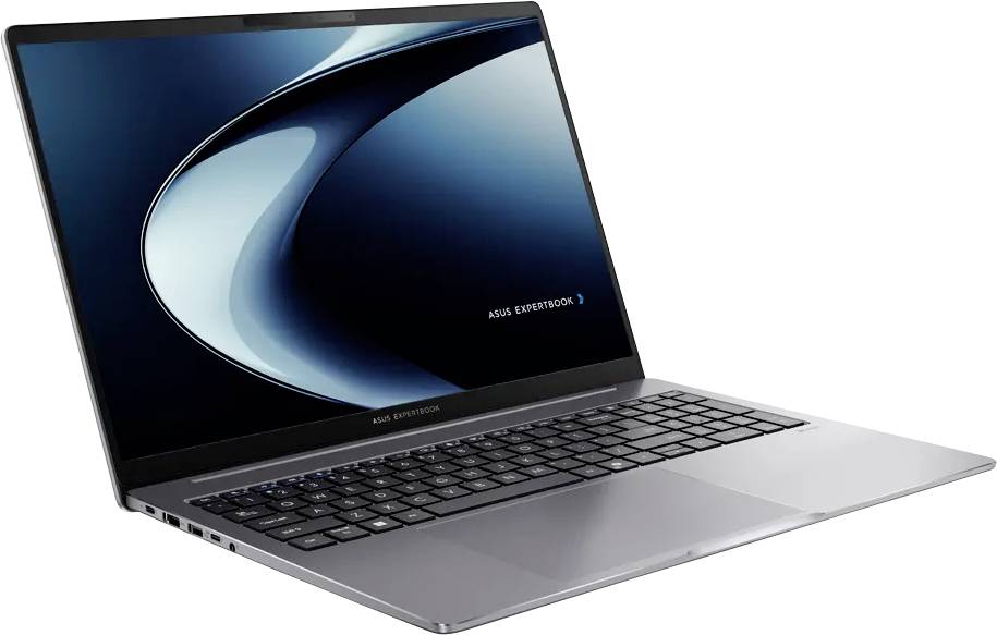 Ein schlanker, silberner Laptop mit einem dunklen Bildschirm, auf dem das Logo des 'ASUS ExpertBook' zu sehen ist. Der Laptop ist so ausgerichtet, dass Tastatur und Anschlüsse gut erkennbar sind.