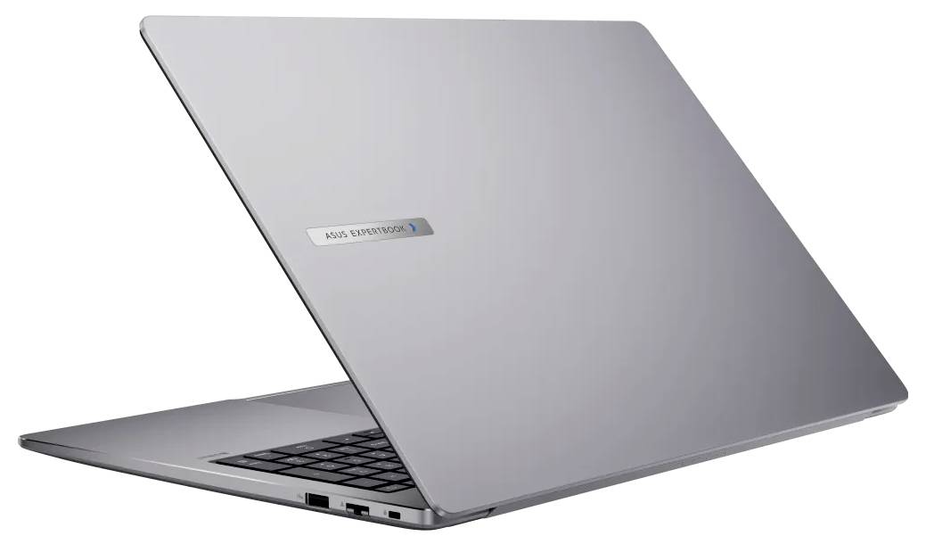 Ein schlanker, silberner Laptop, halb geöffnet, der ein schlankes Design und eine Tastatur zeigt. Das Logo auf der Rückseite liest sich „Asus ExpertBook".
