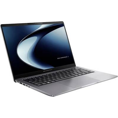 Ein schlankes, offenes Laptop zeigt einen dunklen, minimalistischen Bildschirmschoner. Das Laptop ist mit der Marke 'ASUS ExpertBook' versehen.