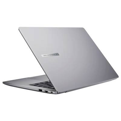 Ein schlanker, silberner Laptop, halb geöffnet, mit USB-Anschlüssen an der Seite und einer Tastatur. Der Deckel ist mit der Marke 'ASUS ZenBook' versehen.