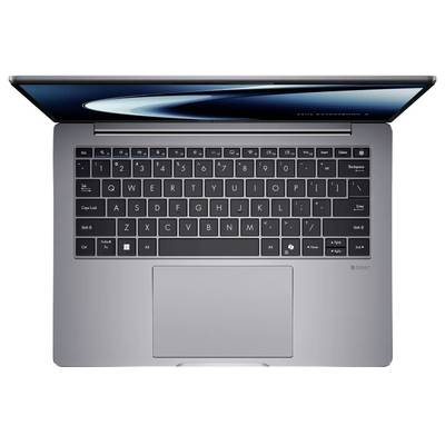 Eine Draufsicht eines offenen Laptops mit einer QWERTZ-Tastatur, Touchpad und einem Teil des Bildschirms mit einem schwarzen Rahmen.