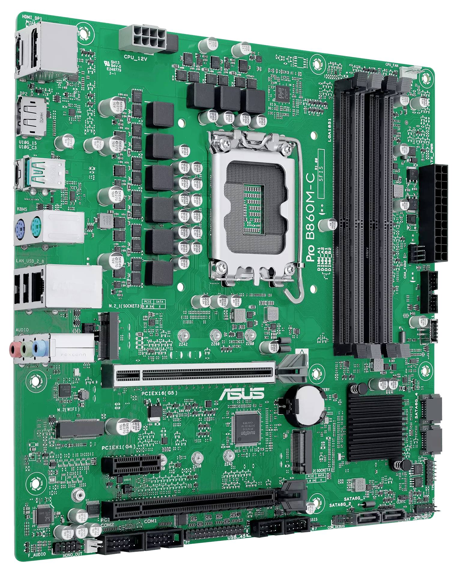 Eine grüne ASUS Pro B660M-C Motherboard, die Steckplätze, Anschlüsse und Verbinder für verschiedene Computerkomponenten, einschließlich RAM und CPU-Sockel, zeigt.