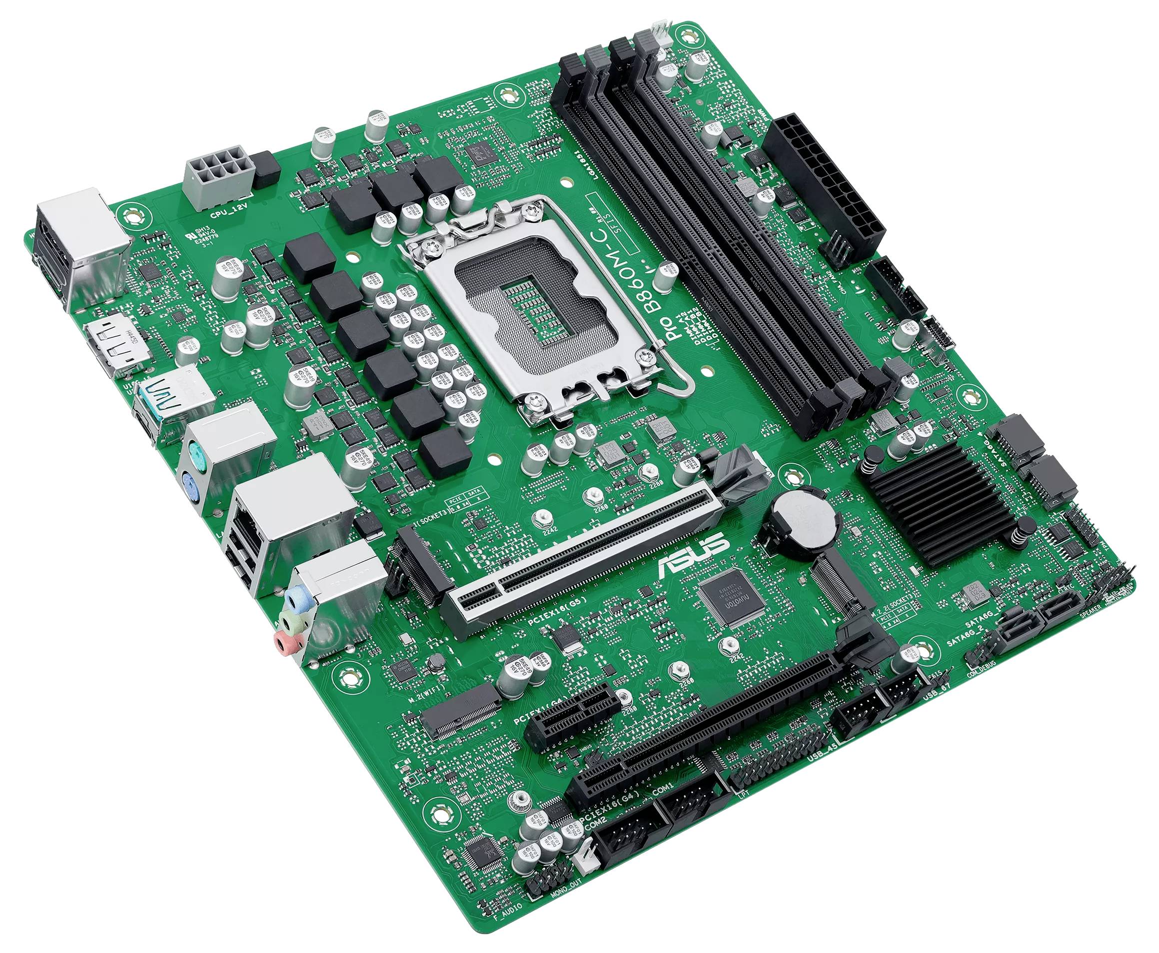 Eine grüne Computermotherboard mit einem zentralen Prozessorsockel, RAM-Steckplätzen, PCIe-Steckplatz und verschiedenen Anschlüssen für Computerkomponenten.