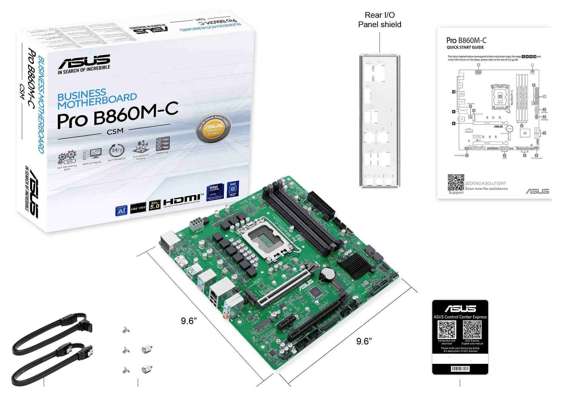 'Das ASUS Pro B660M-C Business-Motherboard-Paket enthält Motherboard, Blende für Rück-I/O, Benutzerhandbuch, Support-DVD und zwei SATA-Kabel.'