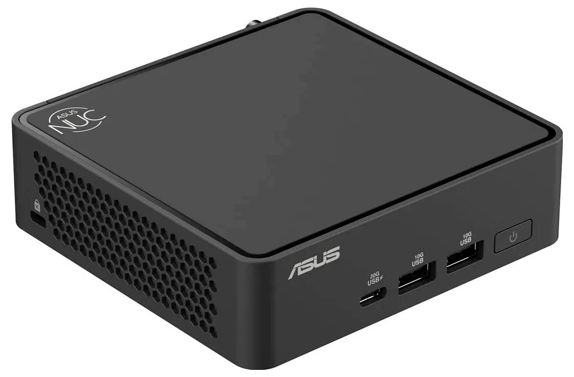 Ein kompakter, schwarzer ASUS Mini-PC mit dem Logo 'ASUS NUC' auf der Oberseite, ausgestattet mit USB-Anschlüssen und einem Einschaltknopf auf der Frontplatte.
