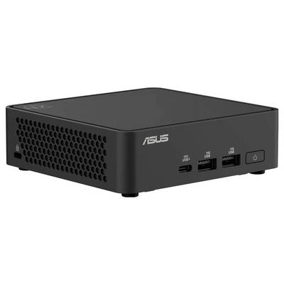 Ein schwarzer kompakter ASUS Mini-PC mit Lüftungsgitter an der Seite, zwei USB-Anschlüssen, einem USB-C-Anschluss und einem Einschaltknopf auf der Vorderseite.