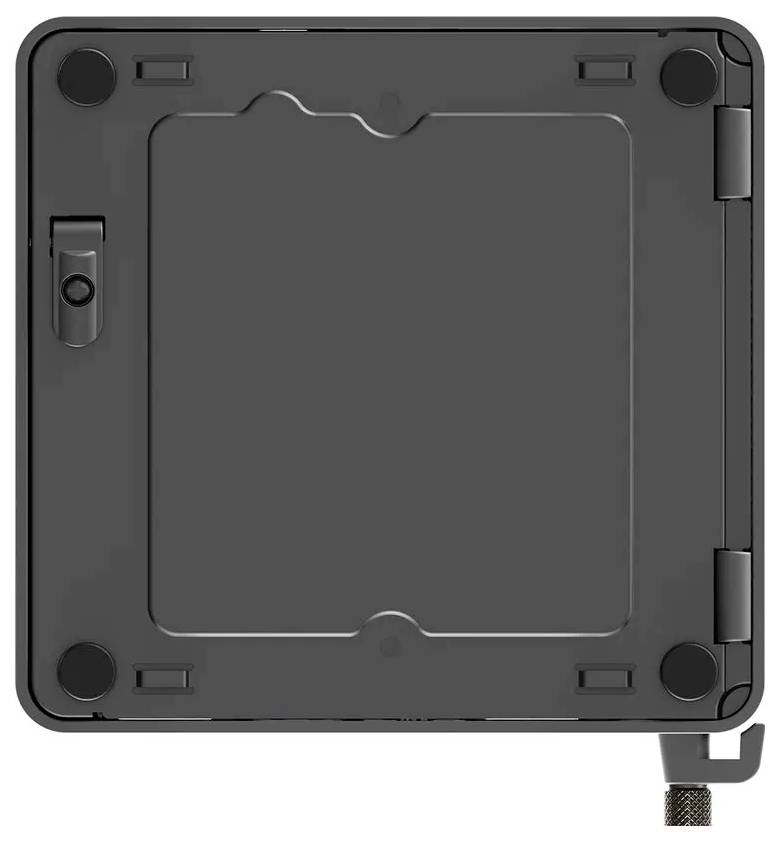 Ein quadratisches Gerät mit einem klappbaren Fach, höchstwahrscheinlich eine Halterung oder ein Halter, verfügt über einen Kabelanschluss in der unteren rechten Ecke.