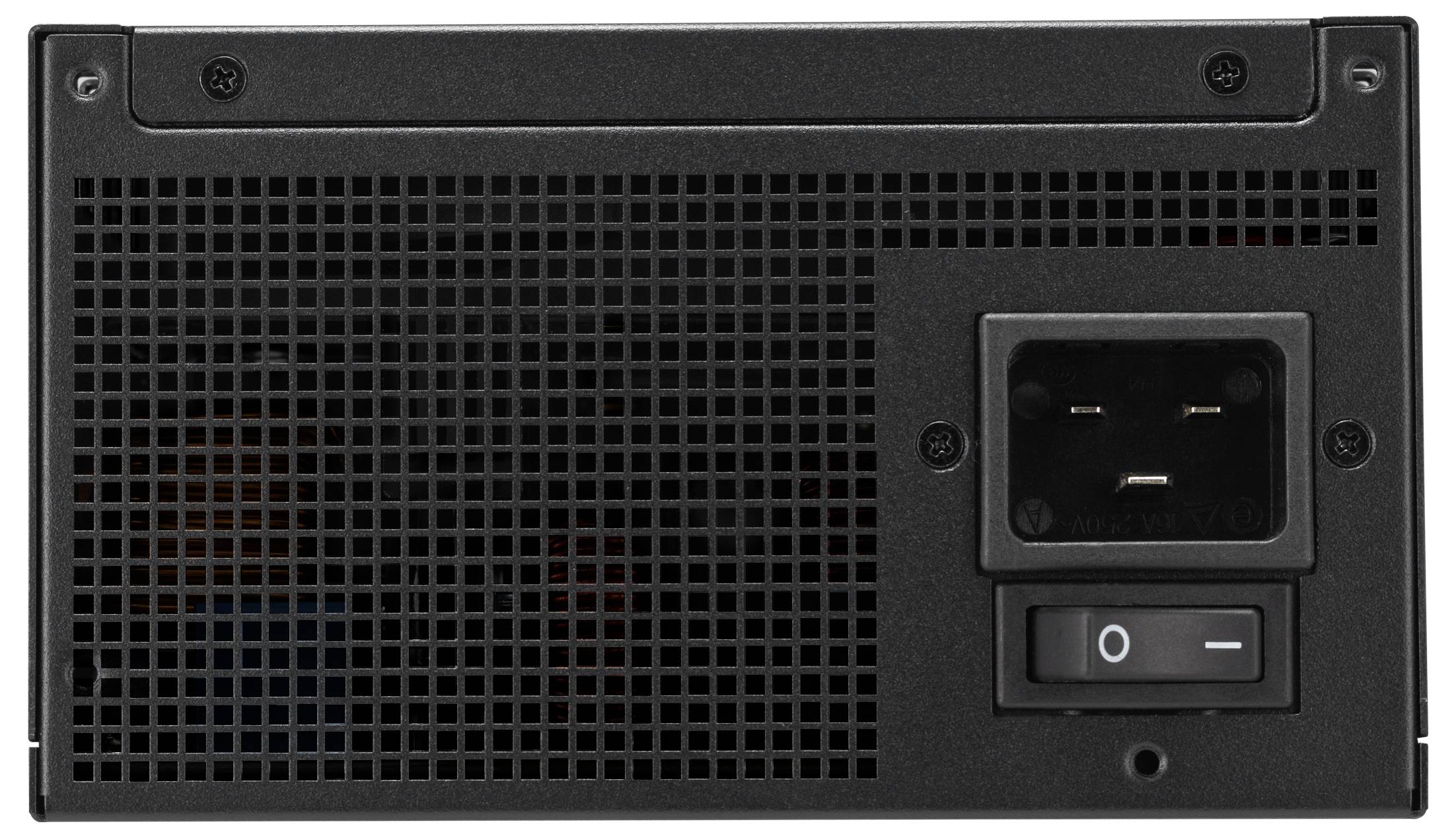 Schwarzes Computer-Netzteil mit gelochtem Lüftungsgitter, Netzschalter und Netzeingangsbuchse. Der Schalter steht in der Aus-Position.