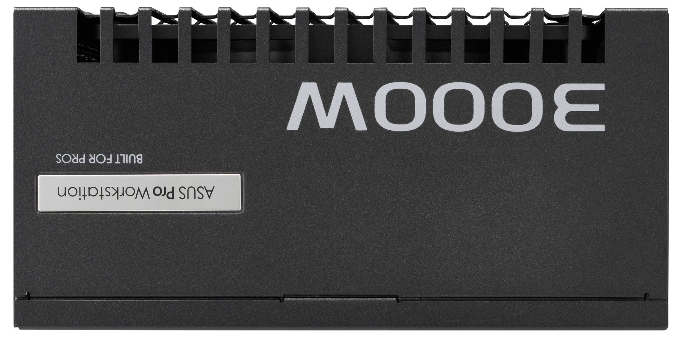 "ASUS Pro Workstation" Text auf einem schwarzen Kühlkörperelement mit Kühlrippen, gekennzeichnet mit "3000W", was eine hohe Leistungskapazität und Kühlung betont.