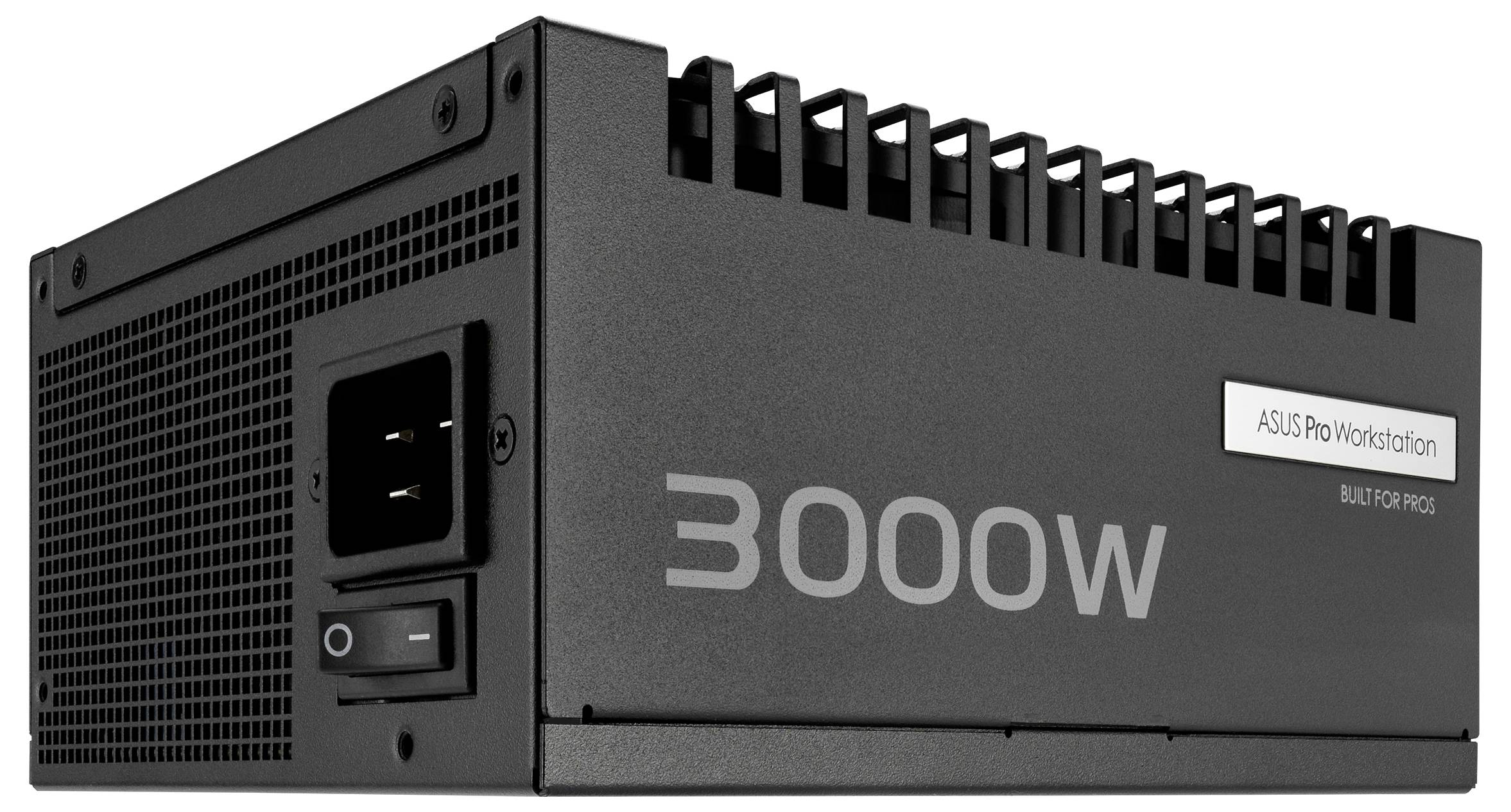 Ein schwarzes Computer-Netzteil mit der Beschriftung '3000W' und 'ASUS Pro Workstation', mit sichtbaren Lüftungsschlitzen und einem Netzschalter.