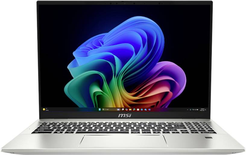 Ein Laptop mit einem bunten, abstrakten Wirbeldesign auf dem Bildschirm und dem MSI-Logo unterhalb des Displays.