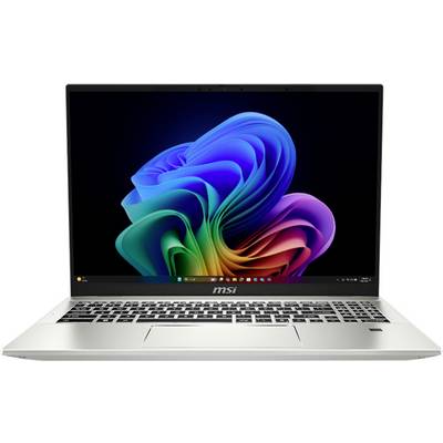 Ein Laptop mit einem bunten, abstrakten Wirbeldesign auf dem Bildschirm und dem MSI-Logo unterhalb des Displays.