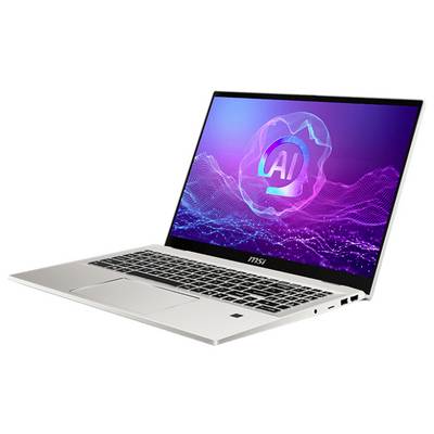 Ein silberner Laptop, der eine KI-Grafik auf dem Bildschirm zeigt, mit einem stilisierten 'KI'-Logo inmitten eines rosa und lila digitalen Wellendesigns.