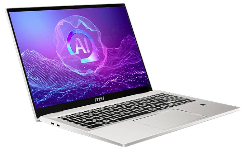 Ein silberner Laptop, der einen Bildschirm mit einem lila und blauen digitalen Hintergrund und einem 'AI'-Logo zeigt, was auf die Nutzung künstlicher Intelligenz hindeutet.