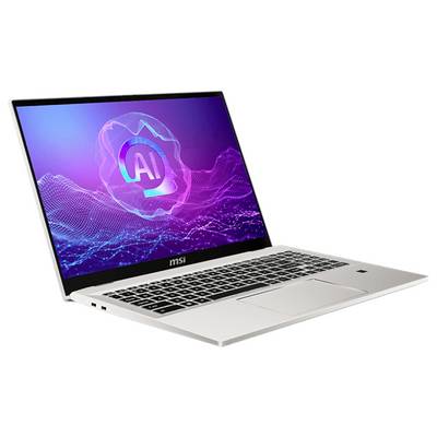 Ein silberner Laptop, der einen Bildschirm mit einem lila und blauen digitalen Hintergrund und einem 'AI'-Logo zeigt, was auf die Nutzung künstlicher Intelligenz hindeutet.