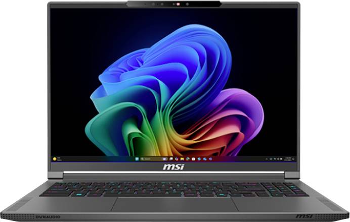 Ein Laptop, der ein lebendiges, farbenfrohes abstraktes Wallpaper auf seinem Bildschirm zeigt, eingeschaltet und gebrauchsbereit.