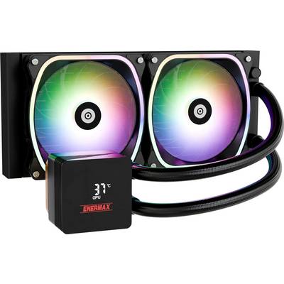 RGB-Flüssigkeitskühler mit zwei Lüftern und Temperaturanzeige auf dem CPU-Block, die "31°C" anzeigt, von der Marke ENERMAX, vor einem weißen Hintergrund.