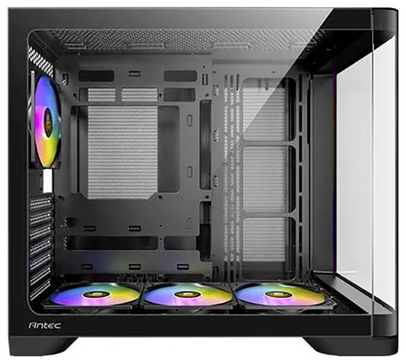 Schlankes schwarzes Computergehäuse mit transparentem Seitenfenster, das drei farbenfrohe LED-Lüfter am unteren Rand und einen Lüfter hinten im Inneren zeigt.