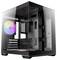 Ein schwarzes Computergehäuse mit einer transparenten Seitenscheibe, die einen internen Lüfter mit RGB-Beleuchtung und mehrere Erweiterungssteckplätze zeigt.