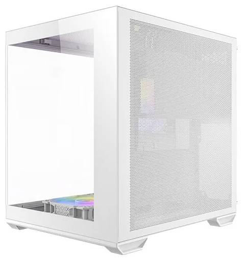 Ein weißes Computergehäuse mit transparentem Seitenfenster und Netzdesign, das Innenkomponenten mit sichtbaren Beleuchtungseffekten präsentiert.