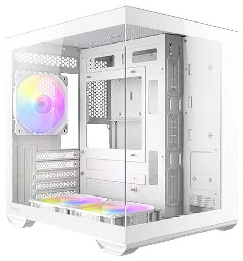 Ein weißes Computergehäuse mit transparenten Seitenpanels, das bunte RGB-Lüfter im Inneren zur Schau stellt. Das Gehäusedesign ist modern und minimalistisch.