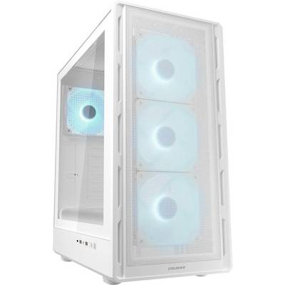 Ein weißes Computergehäuse mit transparentem Seitenpanel und Frontgitter, das vier leuchtend blaue Lüfter zeigt, die in einer vertikalen Linie angeordnet sind.