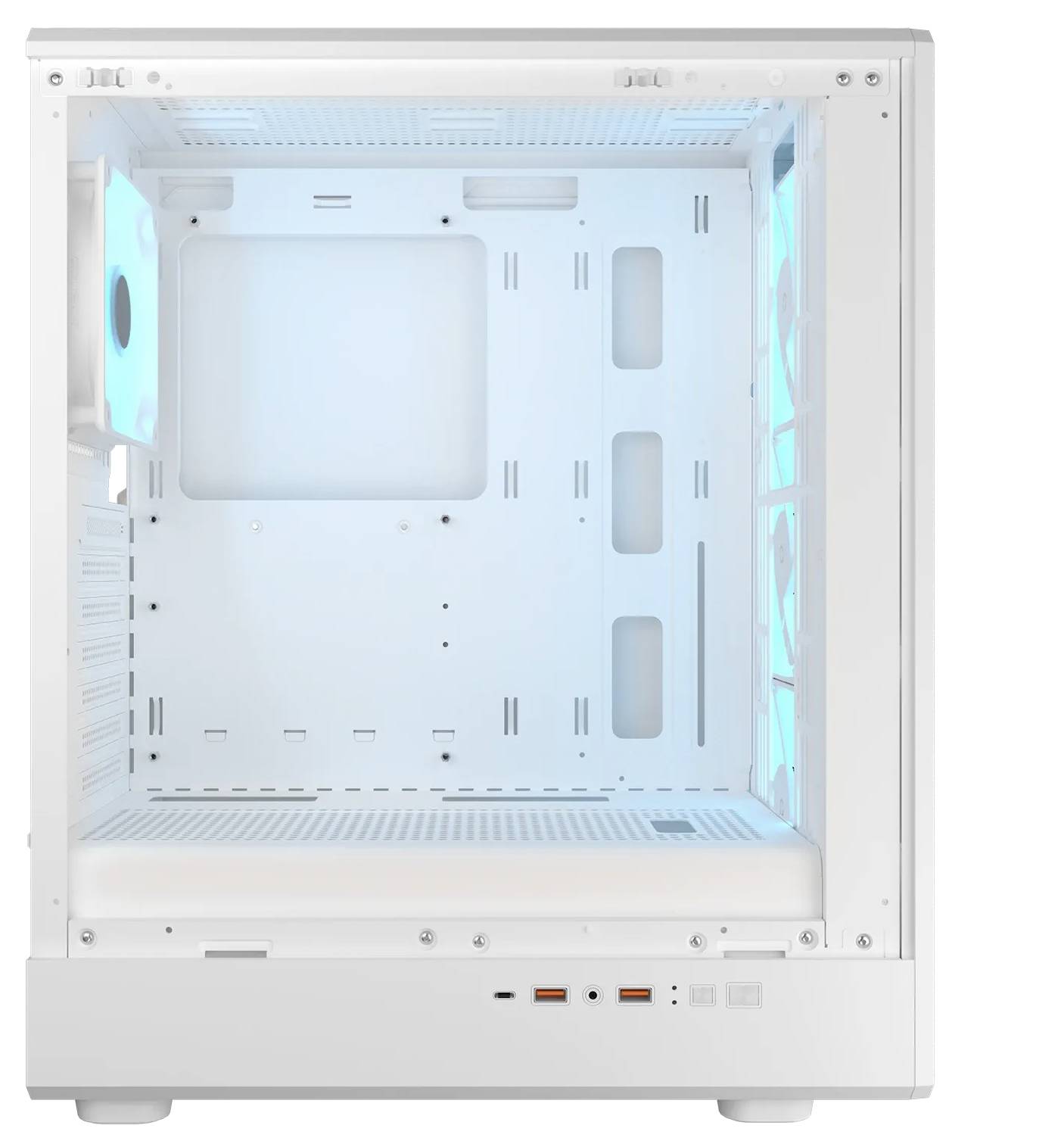Ein weißes Computergehäuse mit einer transparenten Seitenscheibe und sichtbaren Einbauräumen, beleuchtet von blauen LED-Lichtern.