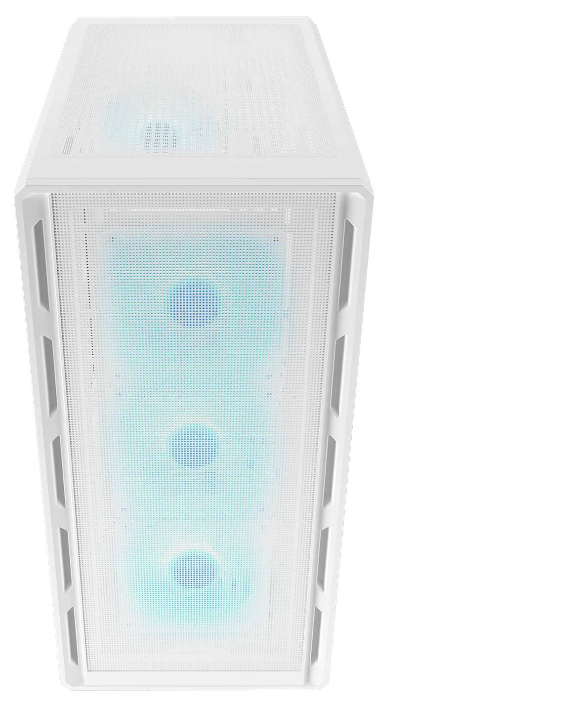 Ein weißes PC-Gehäuse mit Frontgitter; blaue LED-Lichter von drei Kühlventilatoren scheinen durch das Frontpanel und verleihen ihm eine elegante Optik.