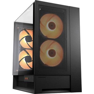 Ein schwarzer Computer-Tower mit transparentem Seitenpanel zeigt zwei beleuchtete orange Lüfter, was auf eine aktive Kühlung oder Leistung hindeutet.