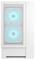 Ein weißes Computergehäuse mit zwei sichtbaren Kühlventilatoren, die mit blauen LED-Lichtern leuchten und eine effiziente Belüftung sowie ein modernes Design andeuten.