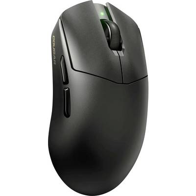 Eine schlanke schwarze kabellose Computermaus mit ergonomischem Design, zwei seitlichen Tasten, einem Scrollrad und einem grünen LED-Indikator auf der Oberseite.