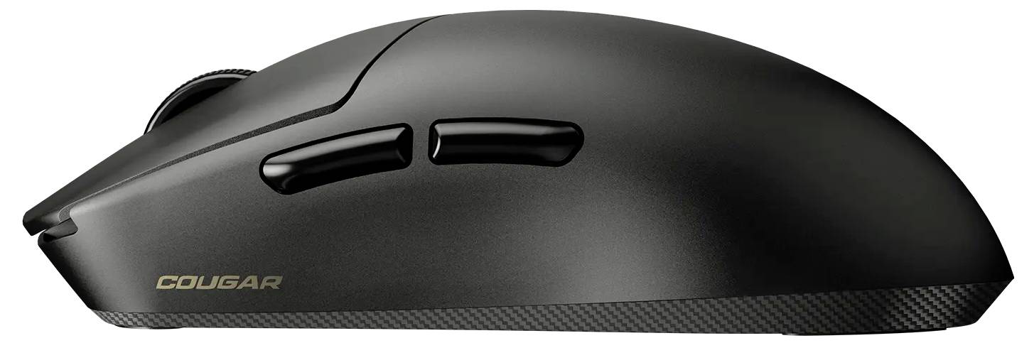 Eine schlanke schwarze Gaming-Maus mit zwei seitlichen Tasten, ergonomisch für maximalen Komfort gestaltet. Der Markenname 'COUGAR' ist in goldener Schrift sichtbar.