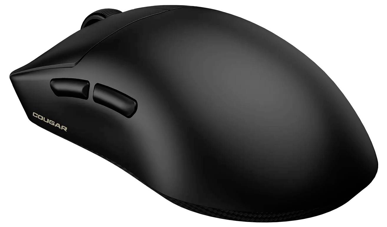 Eine schwarze, ergonomische Computermaus mit strukturierten Tasten und elegantem Design, Seitenansicht in schräger Perspektive.