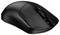 Eine schwarze kabellose Computermaus mit einem Scrollrad ist seitlich positioniert und zeigt ein kleines Anzeigelicht auf der Oberseite.