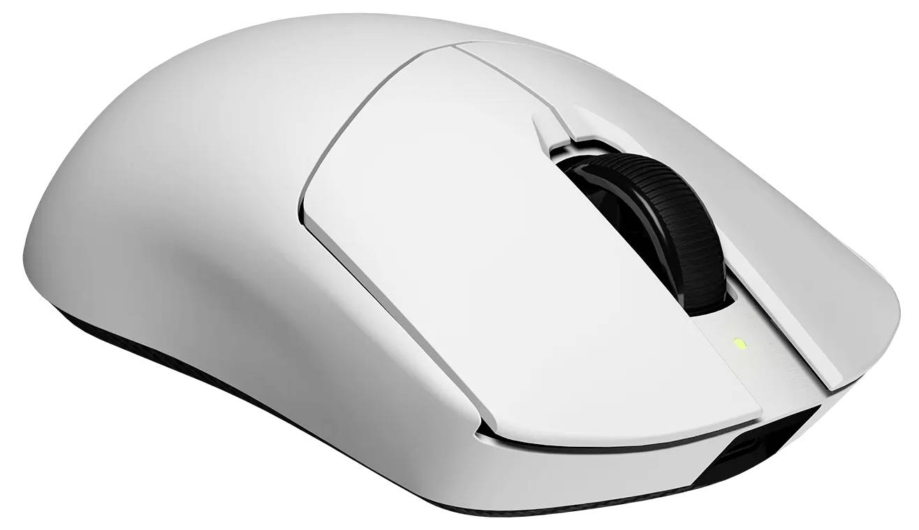 Eine schlanke, moderne weiße kabellose Computermaus mit Scrollrad, ergonomisch für komfortable Bedienung gestaltet.