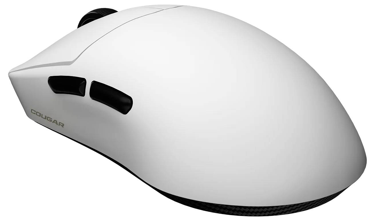 Weiße drahtlose Computermaus mit elegantem, ergonomischem Design, die eine stromlinienförmige Form und drei schwarze Seitentasten aufweist.