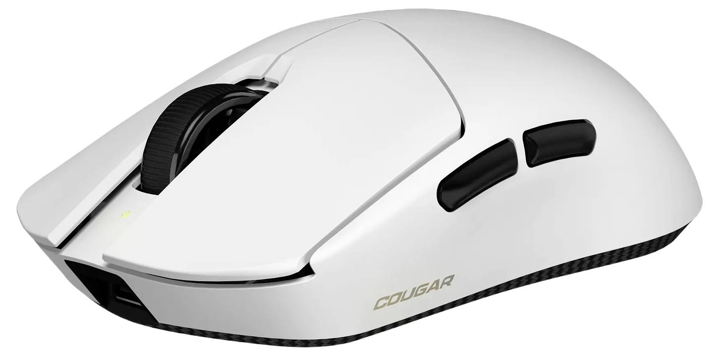 Eine elegante, weiße Gaming-Maus mit seitlichen Tasten und einem Gummi-Scrollrad, entwickelt für ergonomischen Komfort und verbesserte Spielleistung.