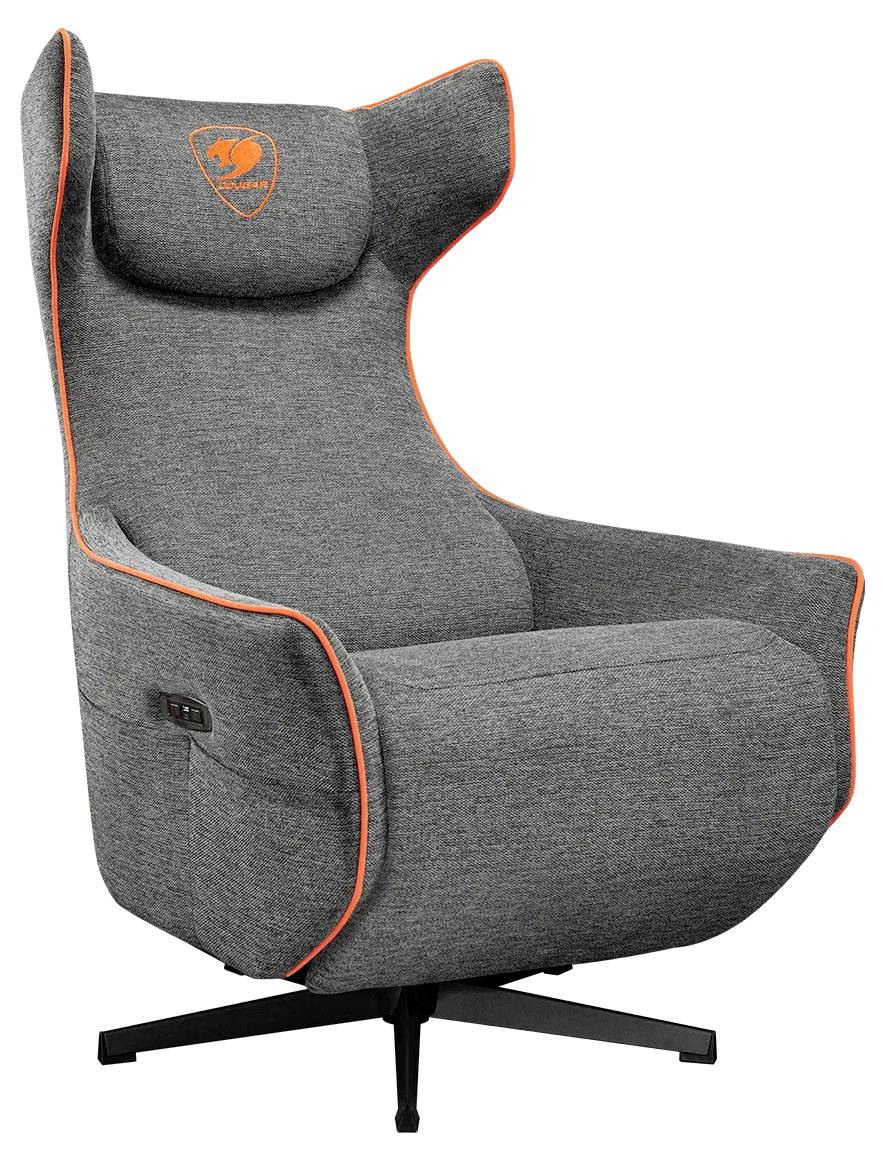 Ein moderner, grauer Gaming-Stuhl aus Stoff mit orangefarbener Einfassung, ausgestattet mit hoher Rückenlehne, gepolstertem Sitz und drehbarem Gestell.