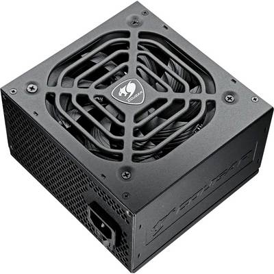 Eine schwarze Computer-Netzteileinheit mit einem Lüfter auf der Oberseite und einem Logo in der Mitte. Die Seite weist Lüftungslöcher und eine Stromanschlussbuchse auf.
