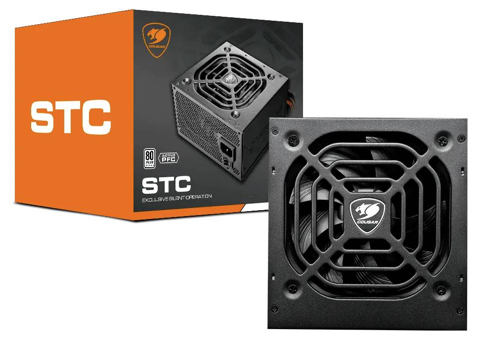 Netzteil von Cougar STC mit 80 Plus Effizienzklasse und PFC-Funktion. Die Verpackung präsentiert das Lüfterdesign und das Markenlogo des Geräts.