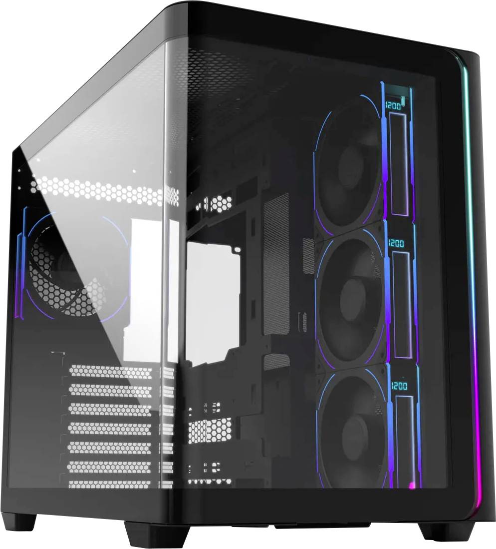 Gehäuse für PC-Tower aus Glas mit RGB-Beleuchtung und mehreren Kühlventilatoren, das ein schlankes Design und eine geräumige Inneneinrichtung präsentiert.