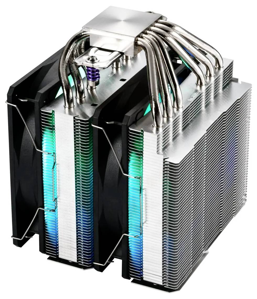 Ein großer Doppelturm-CPU-Kühler mit mehreren Heatpipes und RGB-Beleuchtung, entwickelt für High-Performance-Kühlung in Gaming- oder Workstation-PCs.