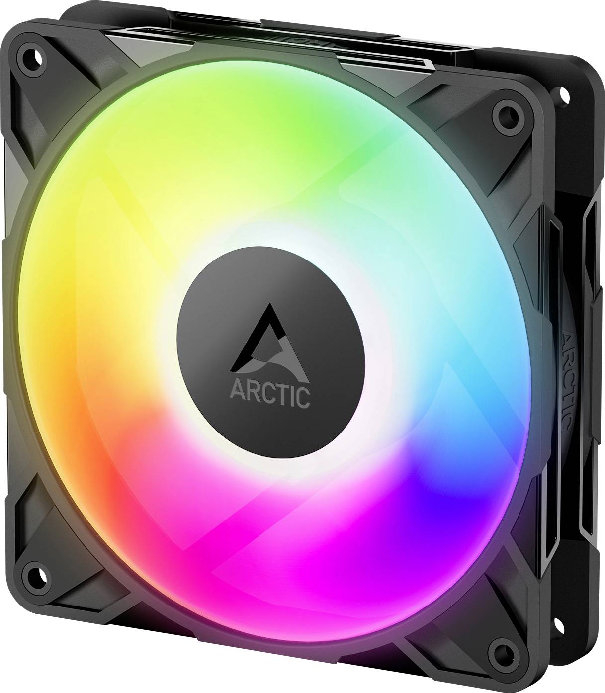 Ein Computer-Kühlventilator ist mit lebendiger, farbenfroher RGB-Beleuchtung beleuchtet und zeigt ein Logo in der Mitte auf einem schwarzen Rahmen.