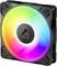 Ein Computer-Kühlventilator ist mit lebendiger, farbenfroher RGB-Beleuchtung beleuchtet und zeigt ein Logo in der Mitte auf einem schwarzen Rahmen.