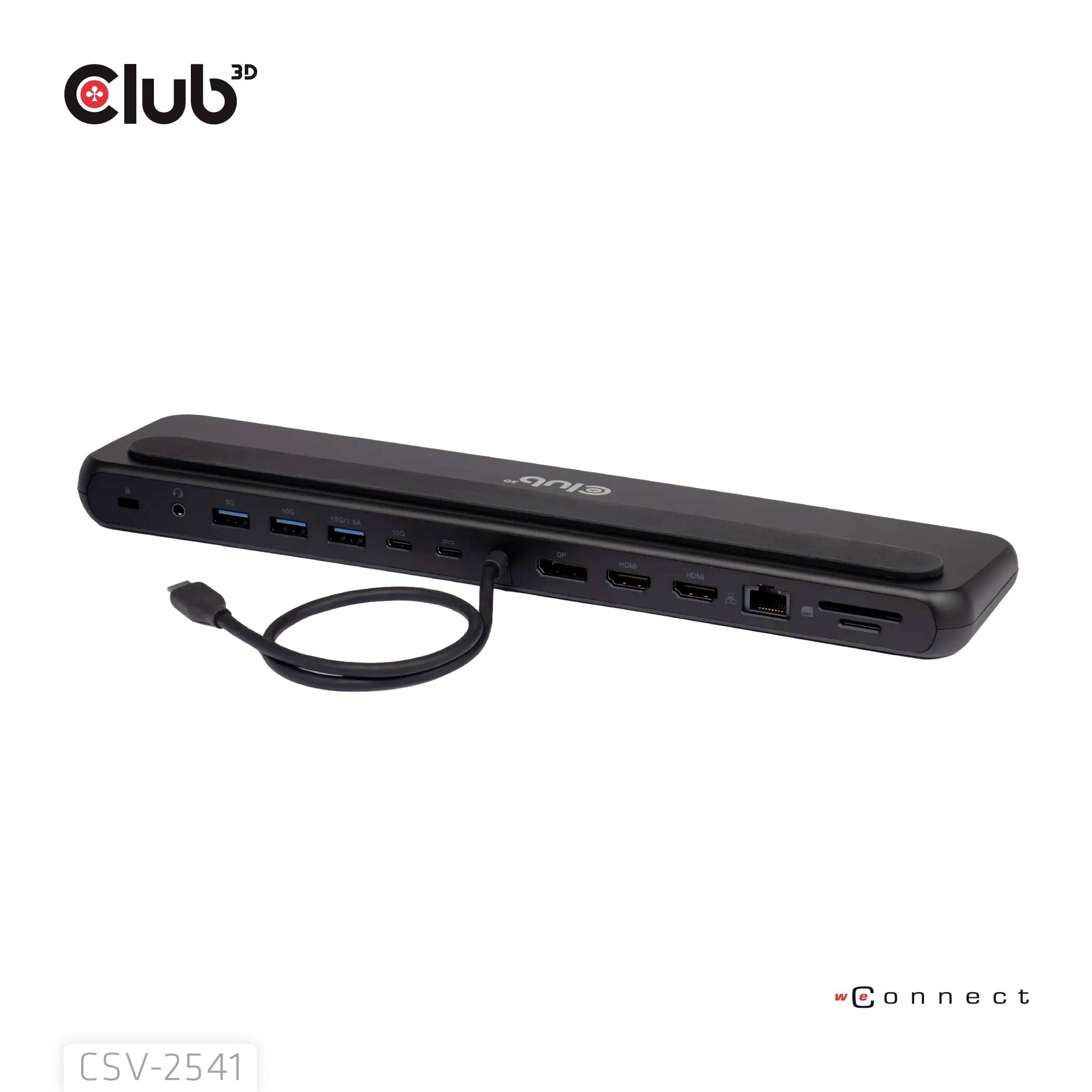 Das Bild zeigt eine Club 3D Dockingstation mit verschiedenen Anschlüssen einschließlich USB, HDMI, Ethernet und einem integrierten Kabel, Modellnummer CSV-2541.