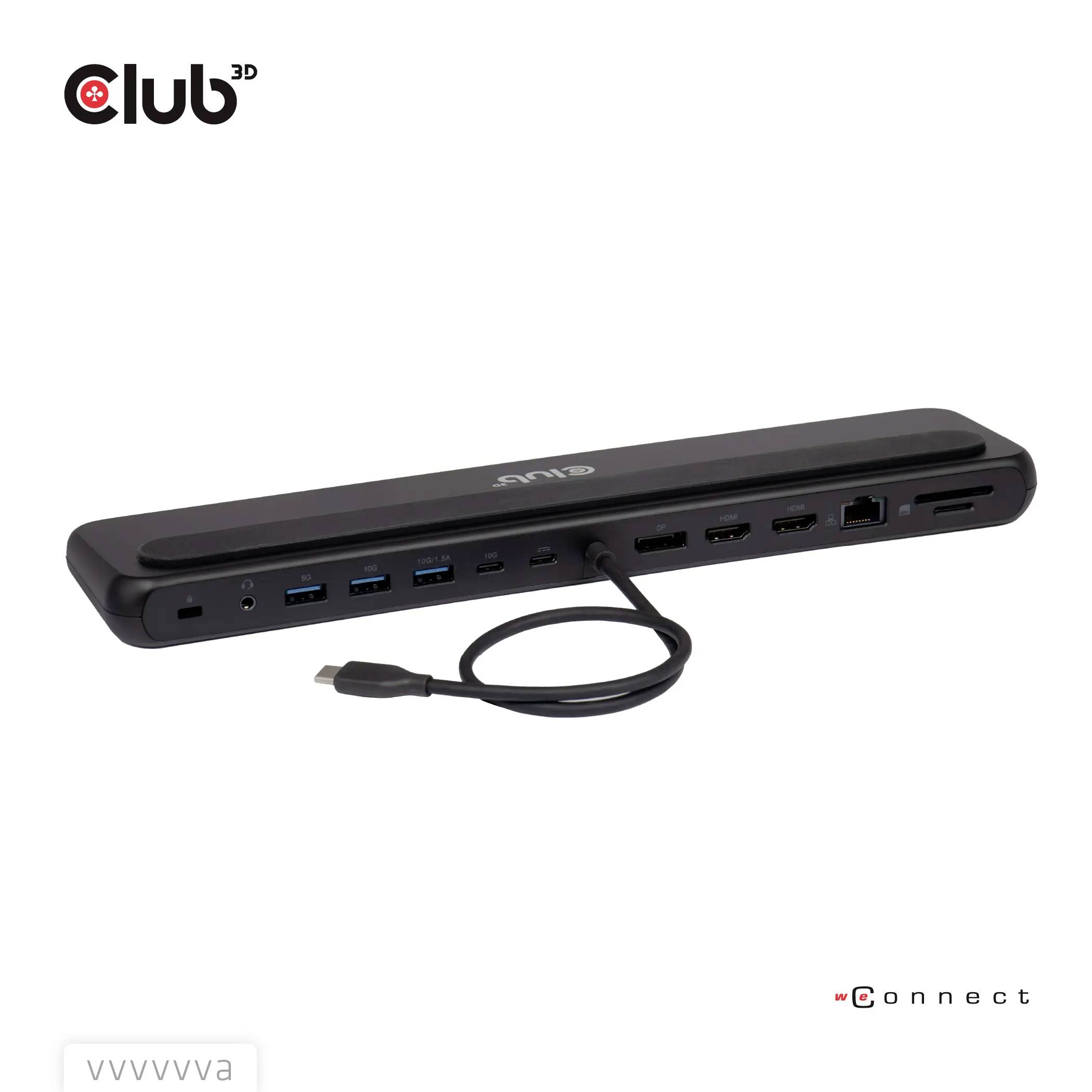 "Club 3D" USB-C Dockingstation mit mehreren Anschlüssen, einschließlich USB, HDMI und Ethernet, entwickelt für Geräteverbindung und Erweiterung.